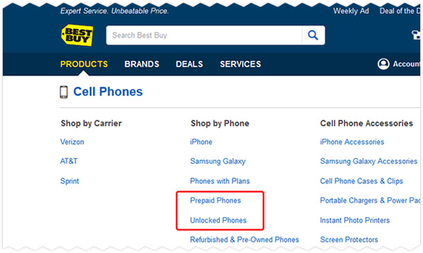 Чтобы не попасть на залоченный Айфон, заходите в раздел «Products» > «Cell Phones» и выбирайте раздел с телефонами без контракта или разблокированные Айфоны.
