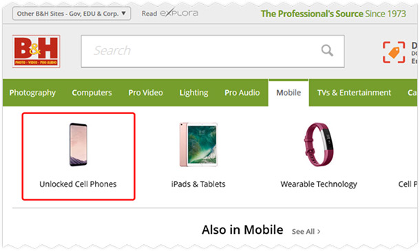 Тут можно купить только разблокированные телефоны, ищите их в разделе «Mobile». 